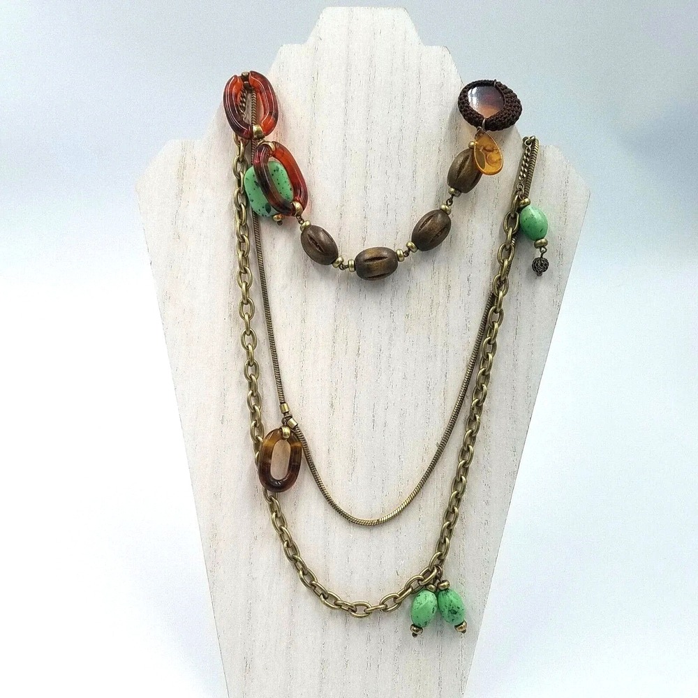 Liz Claiborne Necklace Multi Strand Green Bead‎ Tortoise Brown Boho Statement